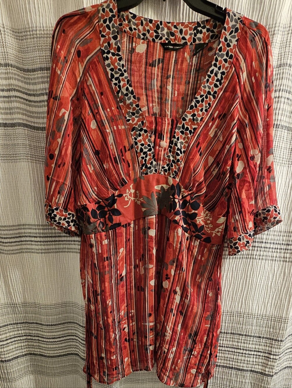 New York & Company Vibrant Red Patterned Boho Blouse